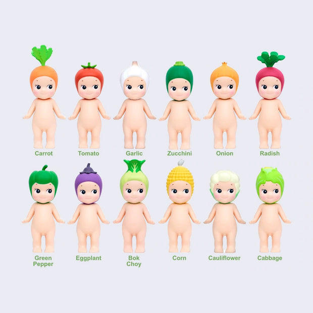Collection of 12 Sonny Angel figures, each wearing a different vegetable as a hat. Please refer to product description for details of each design.