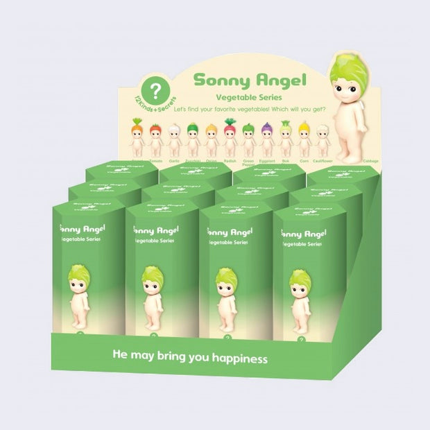 Display box of 12 Sonny Angel Vegetable Blind Box series.