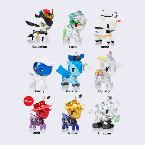 Lineup of 9 differently designed Space Unicorno figures. For list of variations, please refer to product description. 