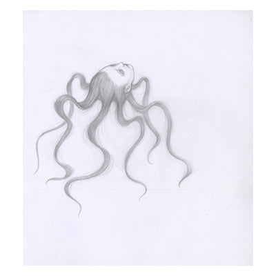 Soft graphite drawing of a woman's head, facing up as though she's laying on the ground. Her long hair stands all around her, resembling spider legs.