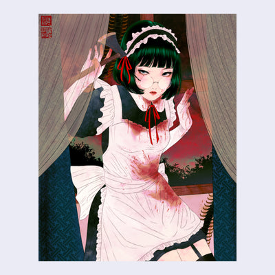 Illustration of a woman with dark green hair and glasses, wearing a blood stained maid outfit, peeping through curtains with a small axe in her hands.
