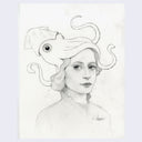 Graphite drawing of a smiling woman, seen only from the torso up looking up at a squid that is positioned on her head, with its tentacles wrapped around her hair.