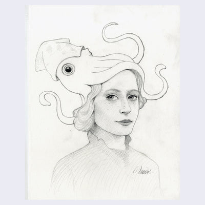 Graphite drawing of a smiling woman, seen only from the torso up looking up at a squid that is positioned on her head, with its tentacles wrapped around her hair.