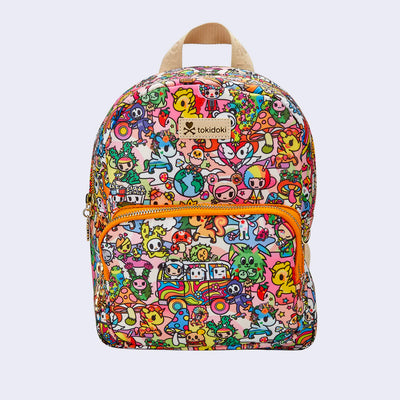 Small backpack with an additional compartment in the front bottom, lined by orange fabric and a gold zipper. A tan "tokidoki" name plate is in the center and a tan loop of fabric for hanging appears at the top. Backpack is covered completely in a very busy colorful pattern of various Tokidoki characters accompanied by elements reminiscent of 70's imagery, such as rainbows, mushrooms, VW Buses and flowers.