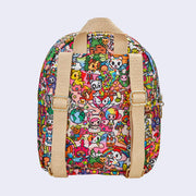 Back view of small backpack, with tan adjustable straps and a tan fabric loop at the top for hanging on a hook. Backpack is covered completely in a very busy colorful pattern of various Tokidoki characters accompanied by elements reminiscent of 70's imagery, such as rainbows, mushrooms, VW Buses and flowers.
