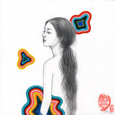 Soft graphite illustration of a nude woman with very long wavy hair, tied up in a loose ponytail. She looks over her shoulder and can only be seen from the waist up. 3 colorful shapes decorate the white background.