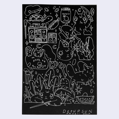 A collection of doodles filling one page, including several cats, nature objects, weapons, and a watermelon. White ink on black paper.