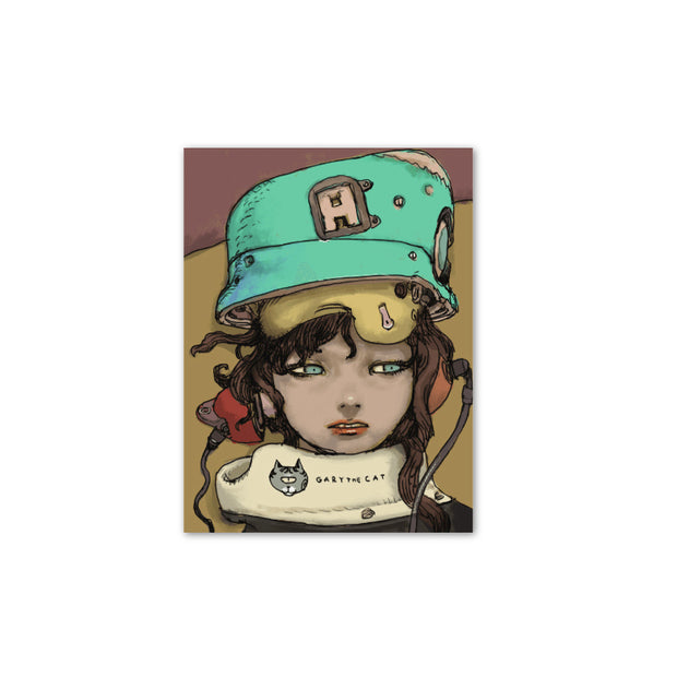 Sticker with an illustration of a girl wearing a mint helmet, yellow eye coverings pushed up and orange headphones. 
