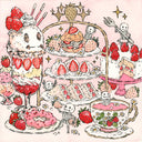 Illustration of a table filled with strawberry pastries, tea, and a strawberry parfait. Colors are primarily pink and many small cute skeletons interact with the scene.