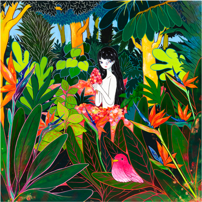 Brightly colored painting of a tropical jungle setting with dense trees and plants and a bright pink bird sitting in the foreground. In the center, a nude woman with long black hair holds a bouquet of red flowers in a way that looks like a cone of shaved ice.