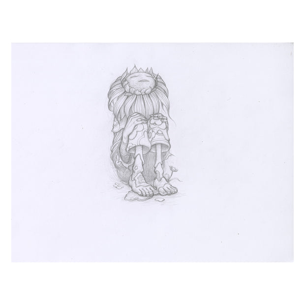 Soft graphite drawing of a child, sitting on the ground with his head buried into his knees. He is barefoot and floral clothing, with a wilting sunflower atop his head like a sun hat.