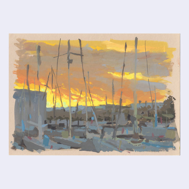 Plein air painting of a bright sunrise with lots of yellows and oranges over a marina with many boats.