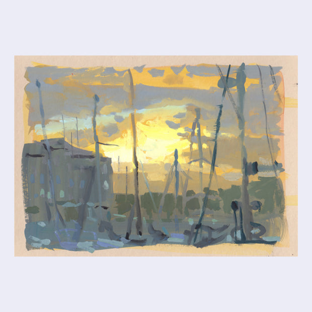 Plein air painting of a bright yellow sunrise shining over several tall masted boats, with their sails not out.