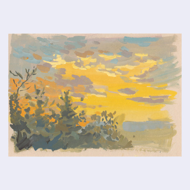 Plein air painting of a bright yellow orange sunrise over a series of trees.