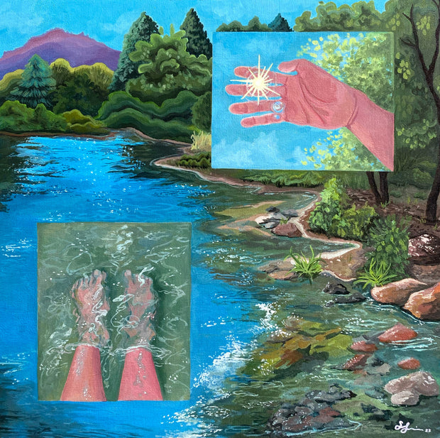 Brightly colored painting of an outdoor lake setting, with lots of greenery and a purple mountain range in the back. 2 thumbnail scenes are transposed over the image, 1 being a pair of feet half submerged in water. The other is a hand extended up and blocking out the sun, which shines through the fingers.
