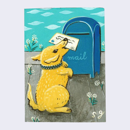 Painting of a small yellow dog holding a letter in its mouth. It sits up towards a blue mailbox. Background is a teal blue sky with a gray flooring.
