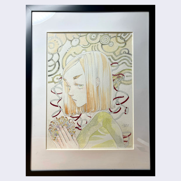 "Tangled" in a thin, black wooden frame with white framing mat. For description of piece, please refer to previous image's alt text.