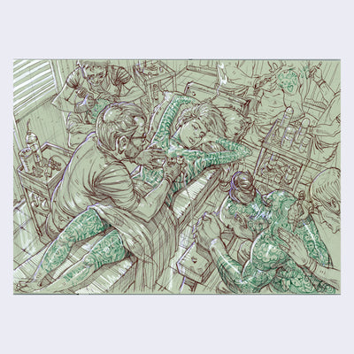 Detailed illustration on green paper of a tattoo parlor with a lot of visual information. Focal point is a nearly fully tattooed woman laying on a table getting a chest tattoo by a man.