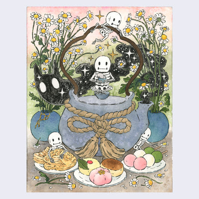 Watercolor painting of a blue teapot with a curved wooden handle and a tan rope tied around it. Below are plates with taiyaki, mochi and dango. Behind are blue pots holding skinny daisies. Small skeletons accompany the scene, sitting with the food and holding a cup of tea while a smoke cloud resembling a black cat comes out of the kettle.