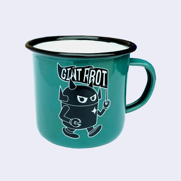 Bright Teal enamel mug with a graphic of a black robot with a white outline, toting a rippled flag that reads "Giant Robot." Rim of the mug is lined black with a white interior.