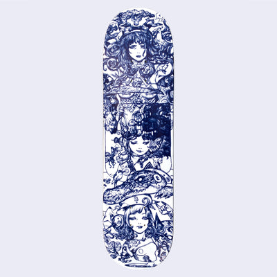 White skateboard deck with intricate deep blue line art illustration taking up the entirety of the deck. Three woman appear, the top one with a serious expression and tattooed body, with her breasts being covered by a bird with a long beak. Below is a younger girl with a slight smirk, looking down and to the side with a large angry bear growling near her head. Finally is a woman with a bored look and an alligator atop her head. 