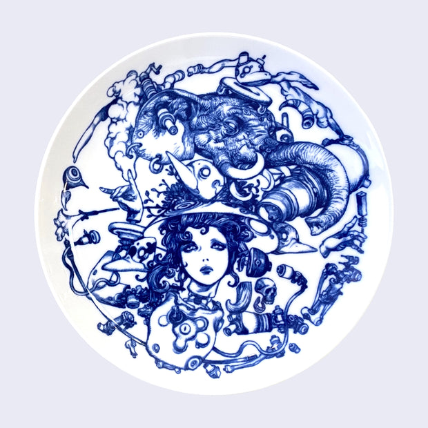Larger plate features a series of illustrations of a concerned looking woman wearing a hat, with many animals building off of her head and many mechanical parts coming from her neck.