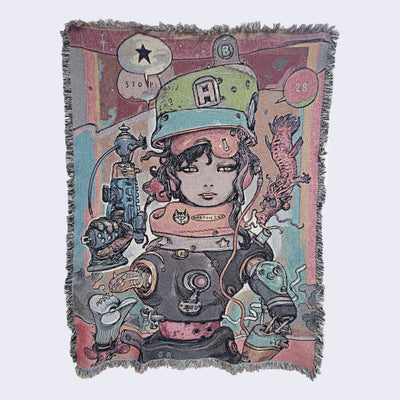 Colorful woven tapestry blanket featuring a women decked out in mechanical and cyperpunk style clothing and gear, with a mechanical body. She holds up a laser gun in one hand with many wires and creatures swimming around her.