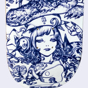 Close up of white skateboard deck with intricate blue line art illustration. Close up displays a woman, looking bored with slightly glazed eyes, wearing a helmet with spikes coming out of it. A bird's head is wrapped up in her hair and behind her you can see a floating hand making a "rock on" hand sign.