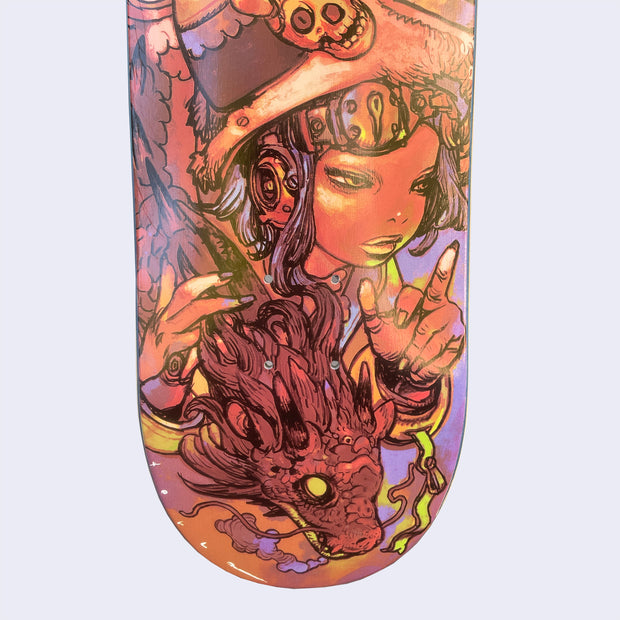 Close up of intricate illustration of a woman with a detailed helmet and goggles, looking to the side indifferently. One hand she holds a red dragon with green eyes and the other hand is formed to have just the middle finger and thumb facing up.