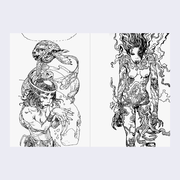 2 page excerpt, featuring a black ink illustration on each page. Left page features a girl seen from the lower torso up, with a torrent moving around her and an abstract skull atop her head. Right page features a heavily tattooed nude woman, with parts of her body unraveling. 