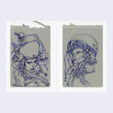 2 page excerpt, featuring blue ink sketches on grey tone torn sketchbook paper. Illustrations are of different women wearing large mechanical helmets with many pieces and wires coming off of them.