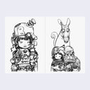 2 page excerpt, featuring black ink illustrations on white paper. Left page is a drawing of a young person wearing lots of mechanical elements with a large helmet. Right page features a similar looking person, surrounded by a monkey, a penguin, and a tall kangaroo.