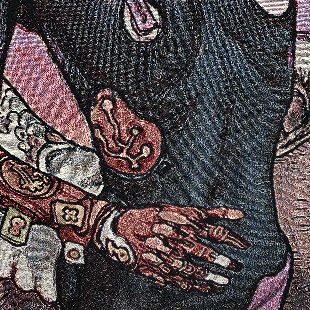 Close up of tapestry, displaying a mechanical hand attached to a woman.
