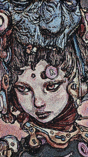 Close up of tapestry, displaying a woman with a stoic expression and mechanical parts coming from her body.