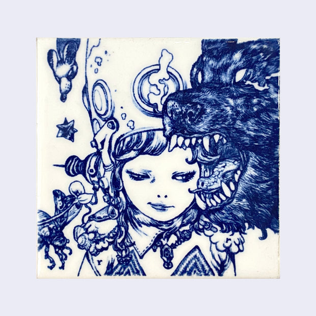 White ceramic square tile with a deep blue line art illustration of a girl with a mischievous expression looking off to the side. She wears a large helmet. A large bear has its mouth wide open in front of her face.