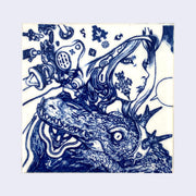 White ceramic square tile with a deep blue line illustration of a woman with a face tattoo, wearing a helmet and looking off to the side, an empty speech bubble coming out of her. A crocodile with a headband rests its head on her shoulder.