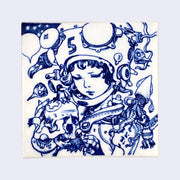 White ceramic square tile with deep blue line art illustration of a woman, looking down wearing a helmet with a "5" on it, surrounded by various skulls and floating bird heads.
