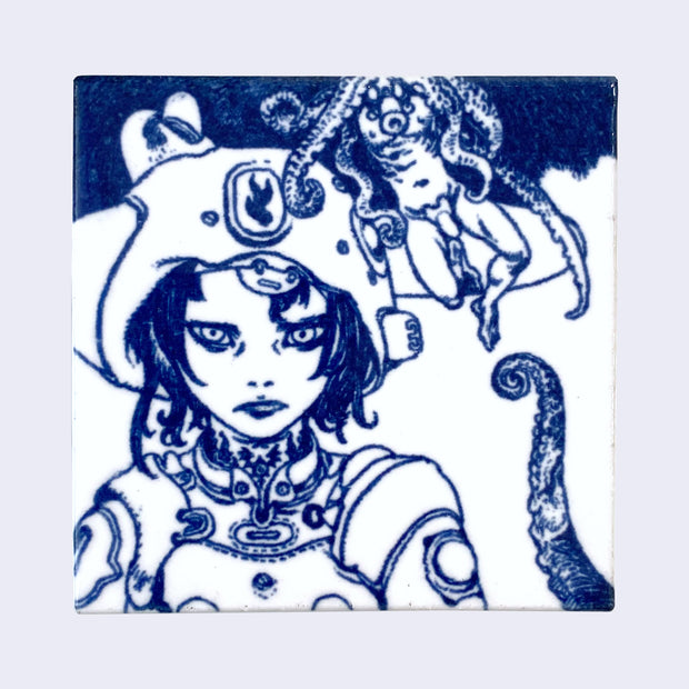 White ceramic square tile with a deep blue line art illustration of a girl with a serious look and mechanical suit and helmet. A curled tentacle comes up from the right and a naked man with tentacle head hangs in the sky.