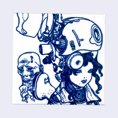 White ceramic square tile with a deep blue line art illustration of a girl with a serious look, wearing a large mechanical helmet with many protruding parts. Coming out of a mechanical element on her back is a floating head of a bearded old man.