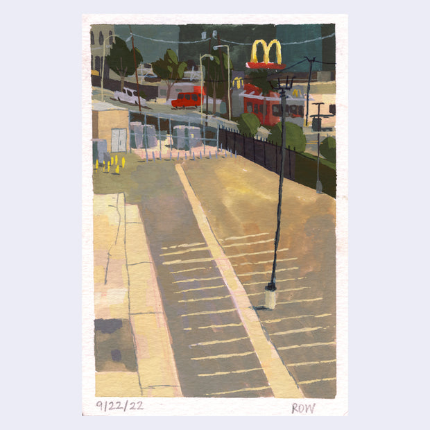 Plein air painting of an empty parking lot with a McDonalds across the street, with its noticeable lifted sign.