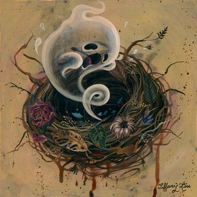 Painting with a spooky, decrepit mood of a messy bird's nest, with a screaming ghost swirling out from the nest, looking distressed. Wilted leaves and flowers decorate the nest and the background is a muted tan color.