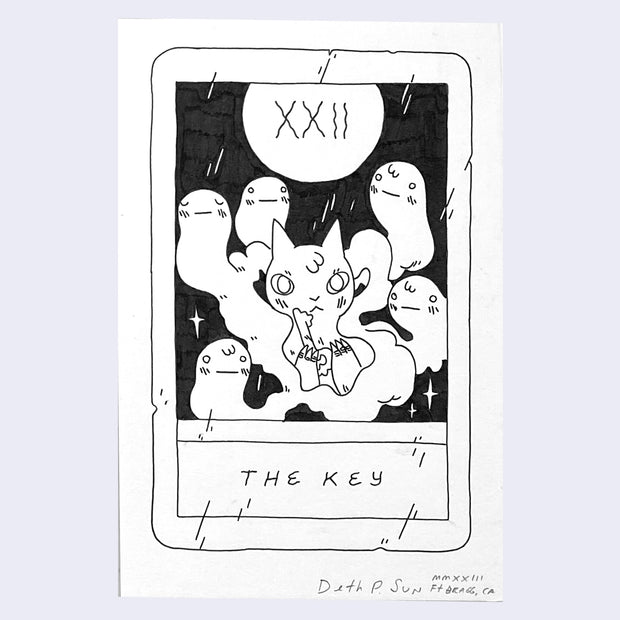 Ink drawing on white paper of a mock tarot card, titled "The Key" and features an illustration of of a cat holding a key, with many ghosts floating around them.
