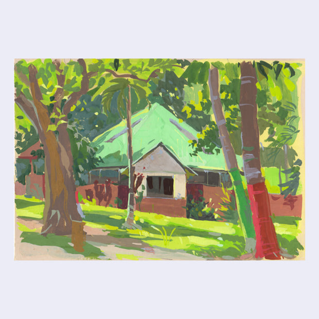 Plein air painting of a green roofed building with brick walling around it, in the middle of a very green space with trees and leaves all around.