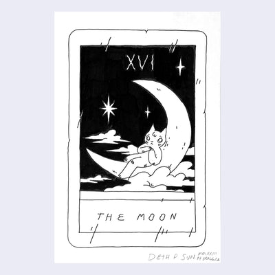 Ink drawing on white paper of a mock tarot card, titled "The Moon" and features a drawing of a cat resting on a large crescent moon over clouds.