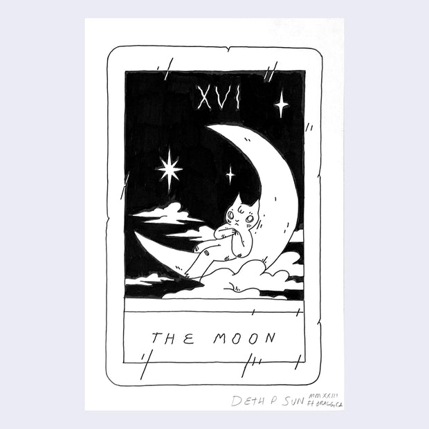 Ink drawing on white paper of a mock tarot card, titled "The Moon" and features a drawing of a cat resting on a large crescent moon over clouds.