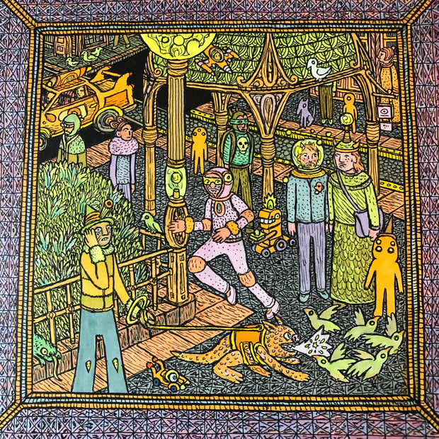 Intricately outlined illustration of an urban park setting, with many people in sci fi clothing, including space helmets and eye masks. Simplistic alien creatures stand around and a man walks a dog creature in the foreground, who barks at a group of birds.