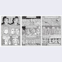 Excerpt page from "Secret Life." A 3 page spread of black and white illustrations with story accompaniment. 