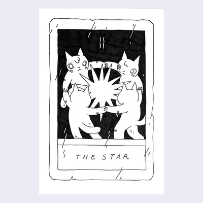 Ink drawing on white paper of a mock tarot card, titled "The Star" and features an illustration of a group of 4 cats, linking arms around a large star.