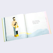 Open book spread. One page includes illustration of a father holding the shoulders of his daughter, the next page displays written story.