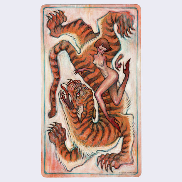 Color pencil illustration of a nude woman, dancing along side of a very large traditional Asian tiger, whose body is slightly contorted with its head meeting its tail.